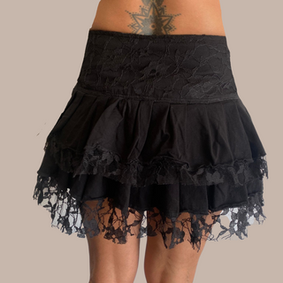 Missbestore Women Skirt  Casual Chic& Glam. Color: Black. Size: S to L. High-quality Stretch Cotton Lycra with non-stretch lace. Skirt with one removable layer 
2 a second attached with brass snaps. Steampunk, Belly Dancer, Circus, Editorial, Burning Man Gear, Dark fashion, Gypsy clothing, Rocker chic clothing. Ref#16A
