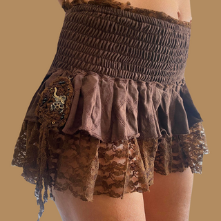 Missbestore Women Burlesque Fancy Festival Party Ruffled Mini Skirt. Size: S/M,  Color: Brown, Asymmetrical, wide stretchy waistline. Stretch cotton lycra and lace. Two layers of overlapping pleats. Hand-made brass beads brooch on the side. Burning Man. Pole dancing. Performers. Rock n roll n soul. Rockstar clothing. Steampunk fashion. Ref:015.