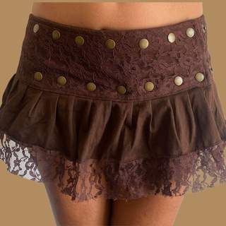 Missbestore REF # 016B Women Belly Dance, Steampunk, Rockstar, Burlesque 2 in1. Wrap Around Ruffled Skirt with snap buttons. 1 removable double pleats layer part hold with brass snap buttons all around. Cotton Lining. Stretch Cotton Lycra & lace. Hand-made brass chain with beads.