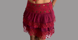 Women Skirt Casual Chic & Glam, 2 in 1 Wrap Around Ruffled Skirt with snap buttons. Color: Burgundy. Size: S to L. High-quality Stretch Cotton Lycra with non-stretch lace. Skirt with one removable layer 
2 a second attached with brass snaps. Steampunk, Belly Dancer, Circus, Editorial, Burning Man Gear, Dark fashion, Gypsy clothing, Rocker chic clothing. Ref#16A