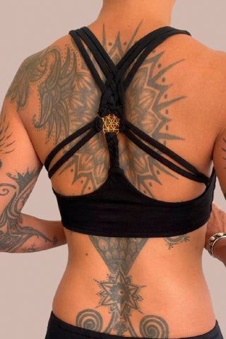 Women ActiveWear Bra Top with front Fringes & back brass jewelry Mandala FRINGY Black