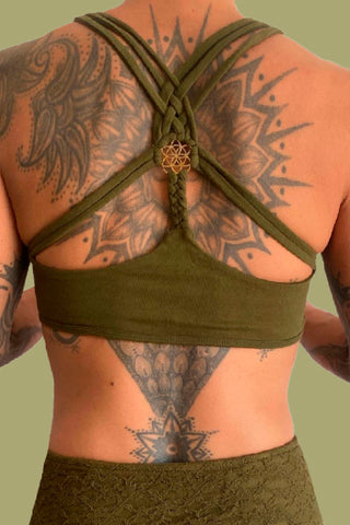 Women ActiveWear Bra Top with front Fringes & back brass jewelry Mandala FRINGY Army Green
