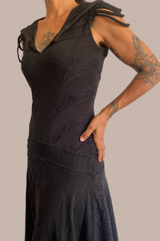 Women Hooded V Neck Long Flared Dress with Ornamental strings and zipper FIERCE Black