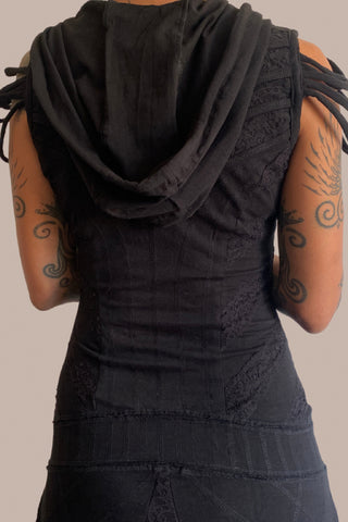 Women Hooded V Neck Long Flared Dress with Ornamental strings and zipper FIERCE Black