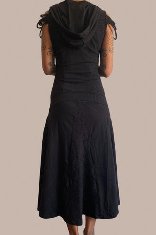 Women Hooded V Neck Long Flared Dress with Ornamental strings and zipper FIERCE Black
