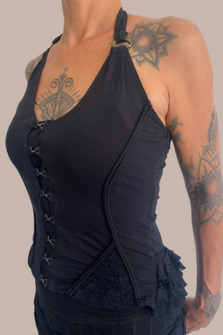 Women Alter Neck fitted top with corset hook HOOK Black