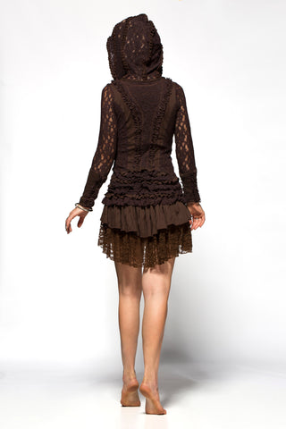 Women Lacey fitted Hood Jacket with Front Zipper DIVINE Dark Brown