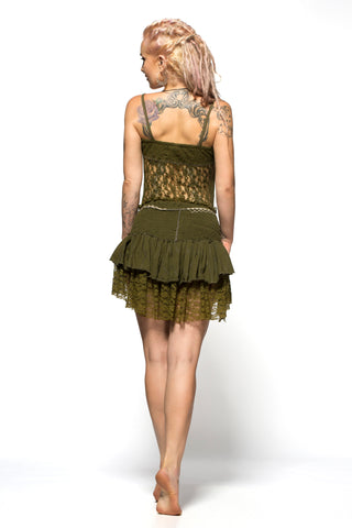 Women Sexy Fitted Stretch Lace Top with Spaghetti Straps LOVE Army Green