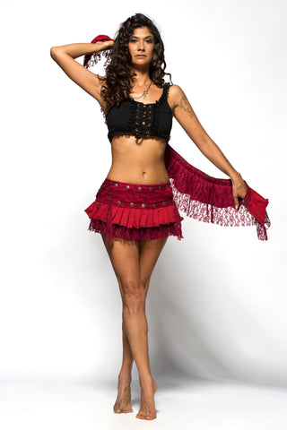 Women 2 in1 Wrap Around Ruffled Skirt with hand made Belly Chain MAGICAL Red