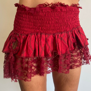 Missbestore Women Burlesque Fancy Festival Party Ruffled Mini Skirt. Size: S/M,  Color: Brown, Asymmetrical, wide stretchy waistline. Stretch cotton lycra and lace. Two layers of overlapping pleats. Hand-made brass beads brooch on the side. Burning Man. Pole dancing. Performers. Rock n roll n soul. Rockstar clothing. Steampunk fashion. Ref:015