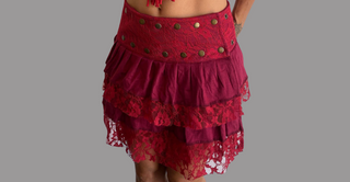 Women Skirt Casual Chic & Glam, 2 in 1 Wrap Around Ruffled Skirt with snap buttons. Color: Burgundy. Size: S to L. High-quality Stretch Cotton Lycra with non-stretch lace. Skirt with one removable layer  2 a second attached with brass snaps. Steampunk, Belly Dancer, Circus, Editorial, Burning Man Gear, Dark fashion, Gypsy clothing, Rocker chic clothing. Ref#16A