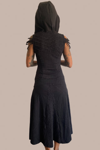 Women Hooded V Neck Long Flared Dress with Ornamental strings and zipper FIERCE Black